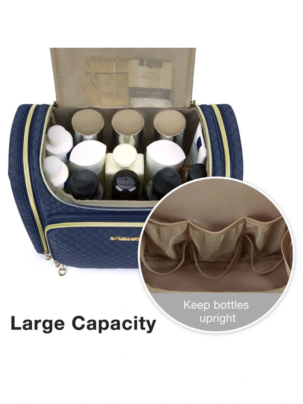 Bagsmart Quilted Navy and Gold Zipper Travel Toiletry Bag New With Tags